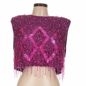 Nasty Gal NWT Pink Glass Beaded Fringe Sequin Crop Top Size 10 Statement Party